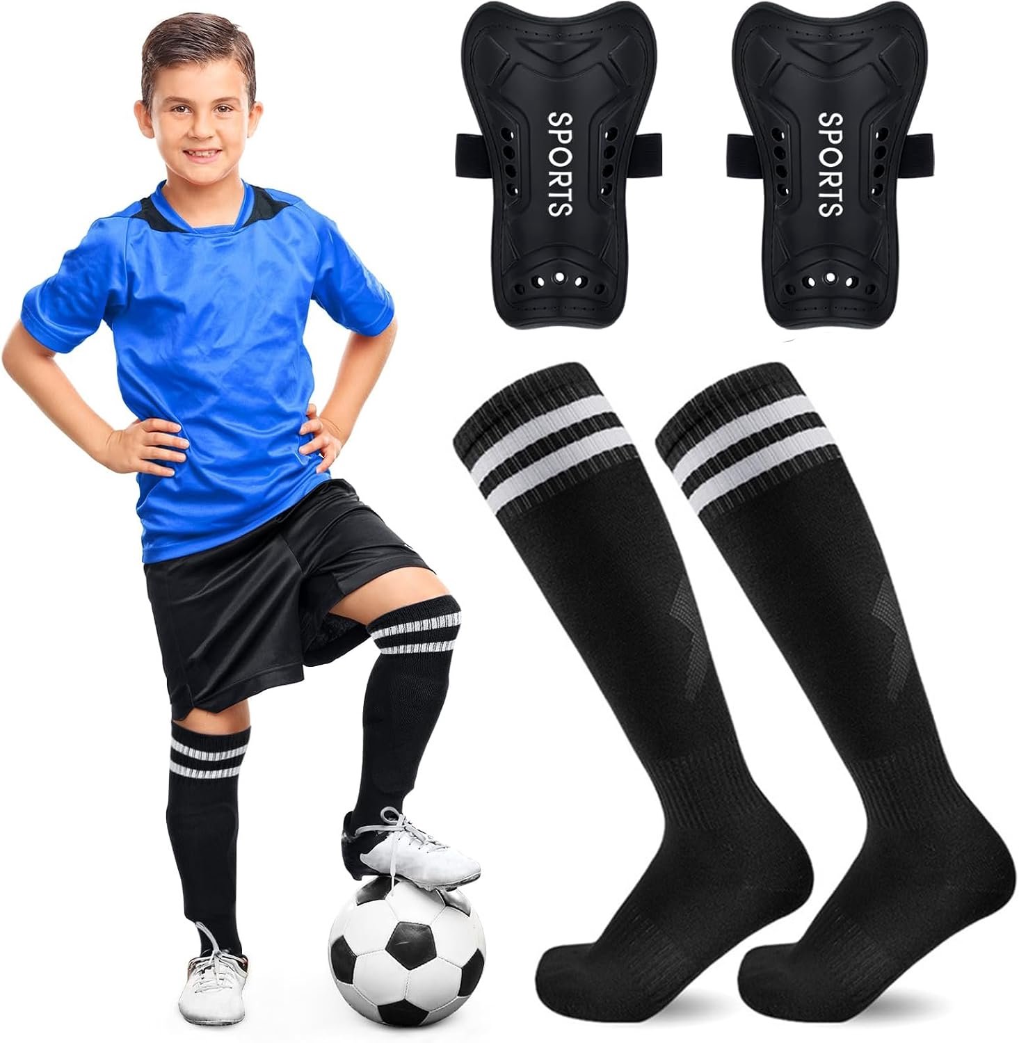 Scheenbeschermers Voetbal, Lichte Voetbal-Scheenbeschermers En Sokken, Beschermende Voetbaluitrusting Voor Jongens En Meisjes Van 3–15 Jaar