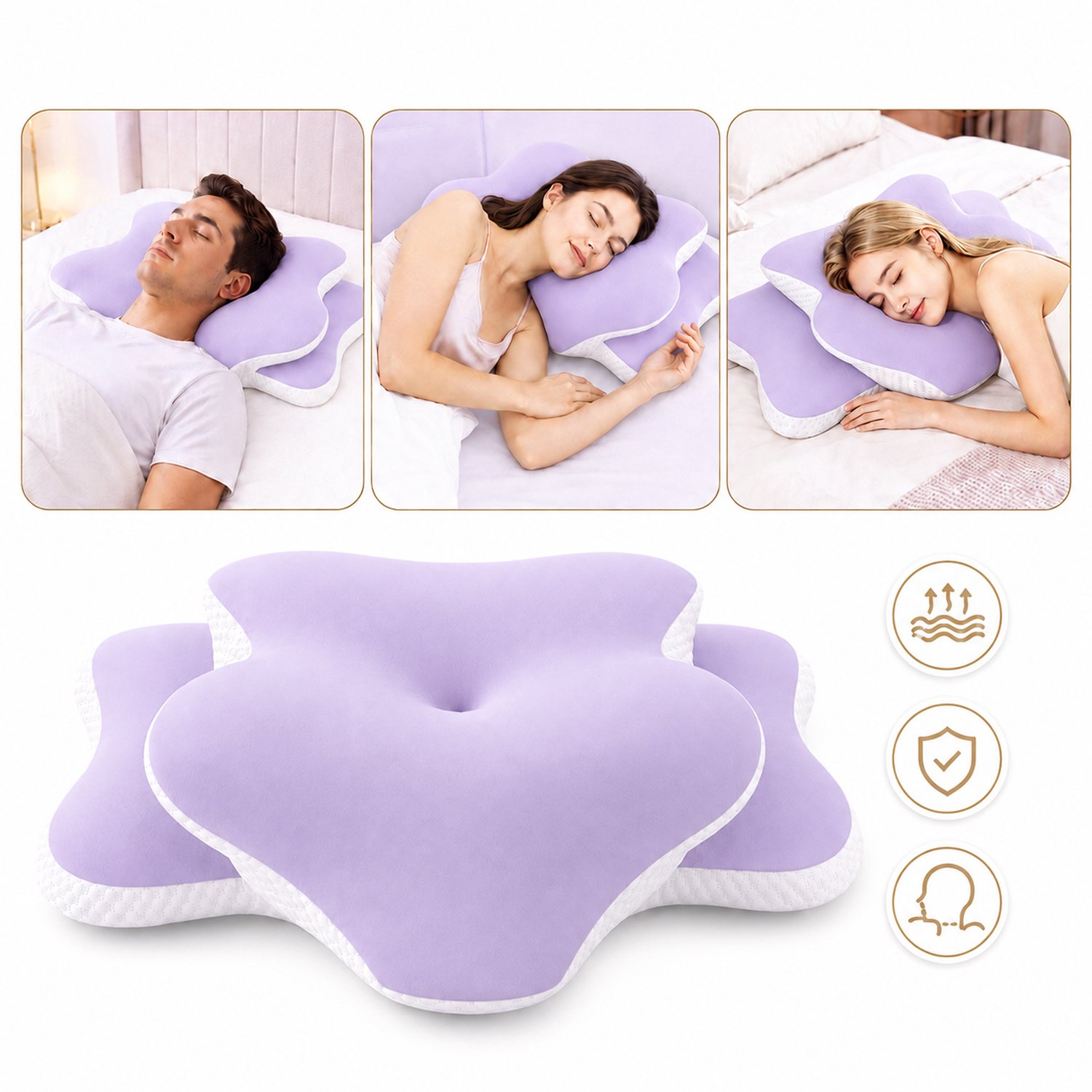 OKWISH Nekkussen – Vlindervormige Neksteun – 60 x 35 x 13 cm – Traagschuim en Gebreide Stof – Paars – Voor Rug Zij En Wisselslapers