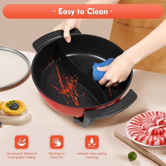 Elektrische pot 6 l, 1360 W hotpot met 5 temperatuurniveaus, Chinese hotpot elektrische pot voor braden, koken, stoven, antiaanbaklaag — afbeelding 5