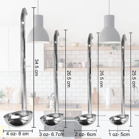 4 stuks soeplepel roestvrij staal, 1/2/3/4 oz sauslepel metalen juslepel professionele serveerlepel kleine inmaaklepel keukengerei lepel met haak en lange handgreep om te koken, zilver — afbeelding 2