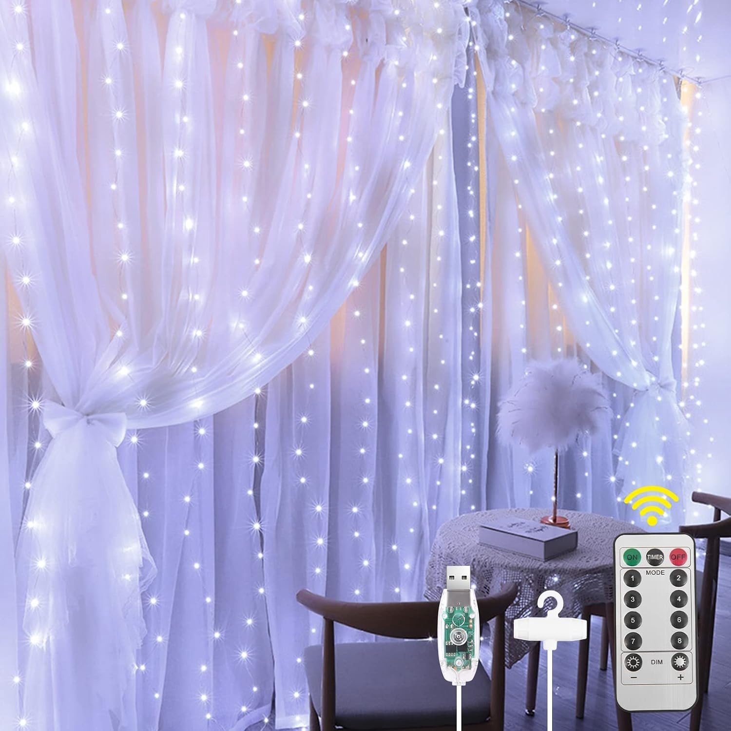Sfeervolle 3x3m Gordijnverlichting met 300 LED-lampen - USB Voeding, 8 Lichtstanden - Ideaal voor Kerst, Feestjes, Bruiloften en Interieurdecoratie Binnen