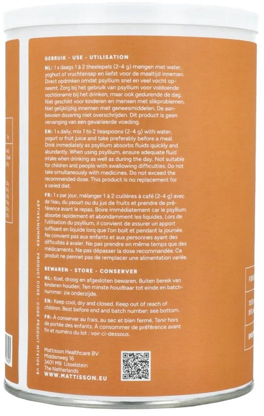 Container met gebruiksaanwijzing en bewaarinstructies in het Nederlands, Engels en Frans. Oranje met witte tekst.