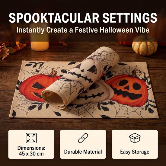4 Stuks Delige Halloween Placemats met Pompoen Spinnenweb Print Herbruikbare Polyester Tafeldecoratie voor Feestelijke Eettafels Keukentafels Eenvoudig Schoon Maken — afbeelding 4