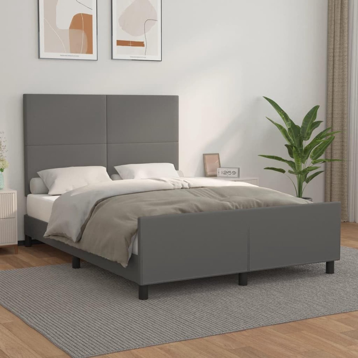 Bedframe met hoofdeinde, grijs, 140 x 190 cm, kunstleer, hotelbedframe, logeerkamer, bedframe voor slaapkamer, hotel, logeerkamer