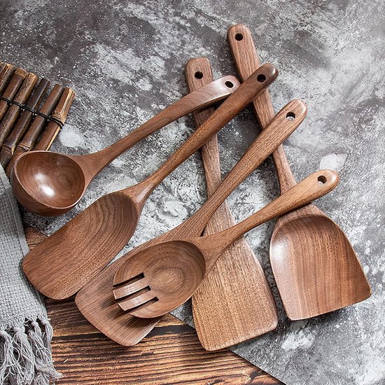 4 stuks houten keukengerei set (C5), natuurlijke zwarte walnoot lepels, verdikte pollepel, hout sleufspatel draaier, extra lange menglepel, schraper — afbeelding 2
