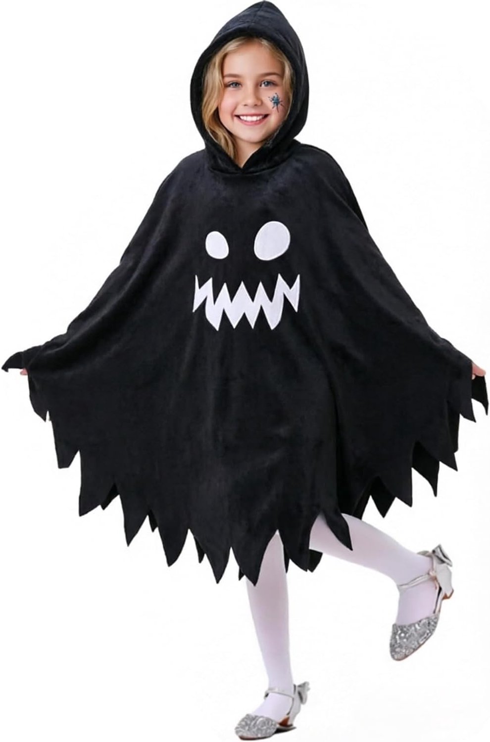 Spokenkostuum voor kinderen, spookkostuum voor meisjes, capuchon met pompoenzak en tattoo-stickers, voor Halloween, carnaval, themafeest