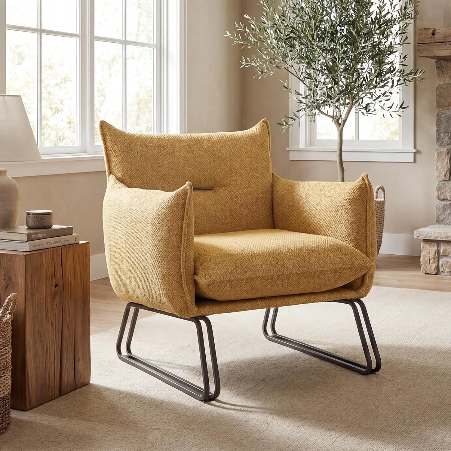 Scandinavische woonkamerstoel, robuust, van chenille, comfortabel, met gewatteerd kussen, slaapkamerstoel om te lezen, geel