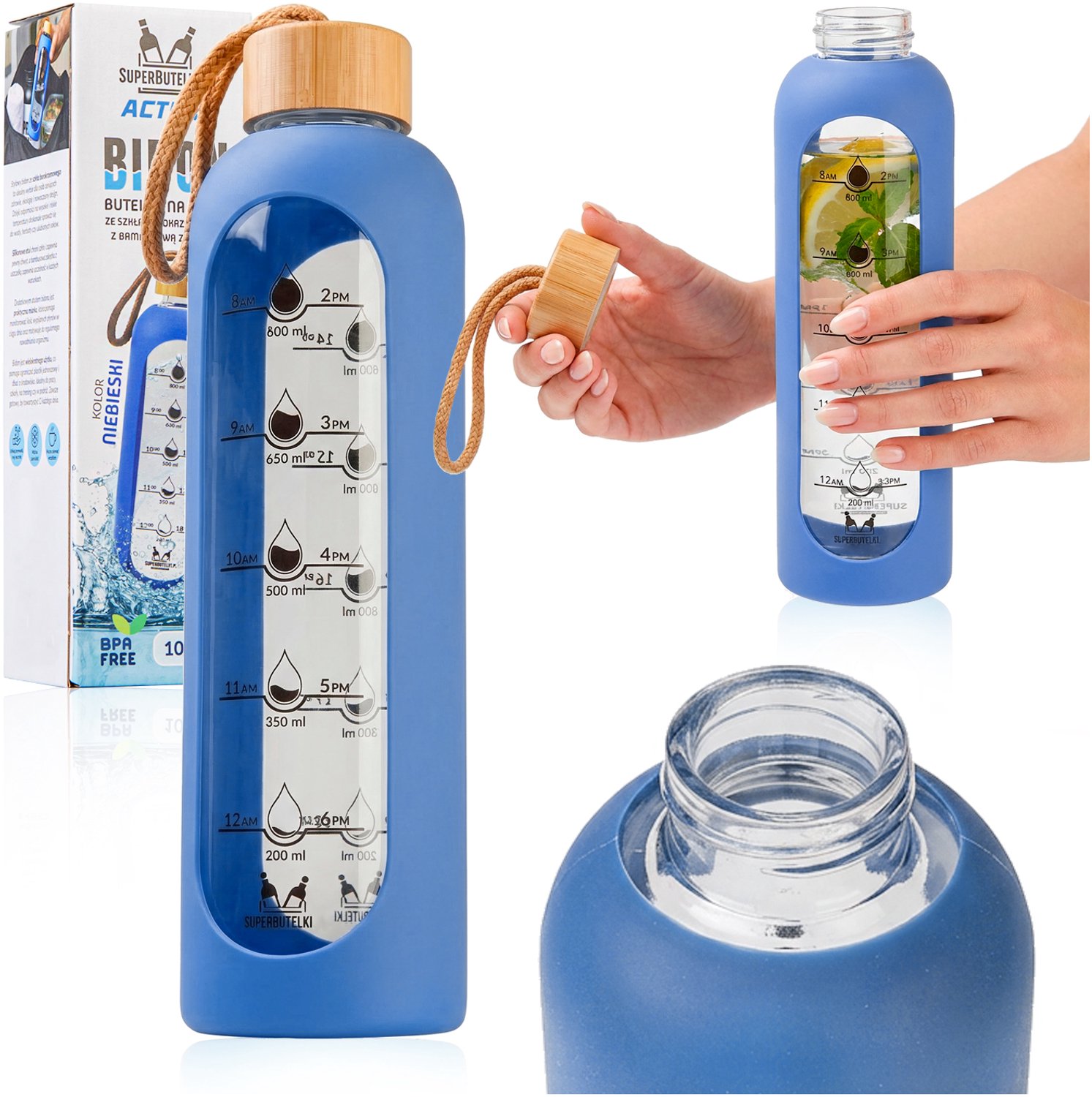 Merkloze Glazen Waterfles 1L met Siliconen Hoes & Motivatie Schaal