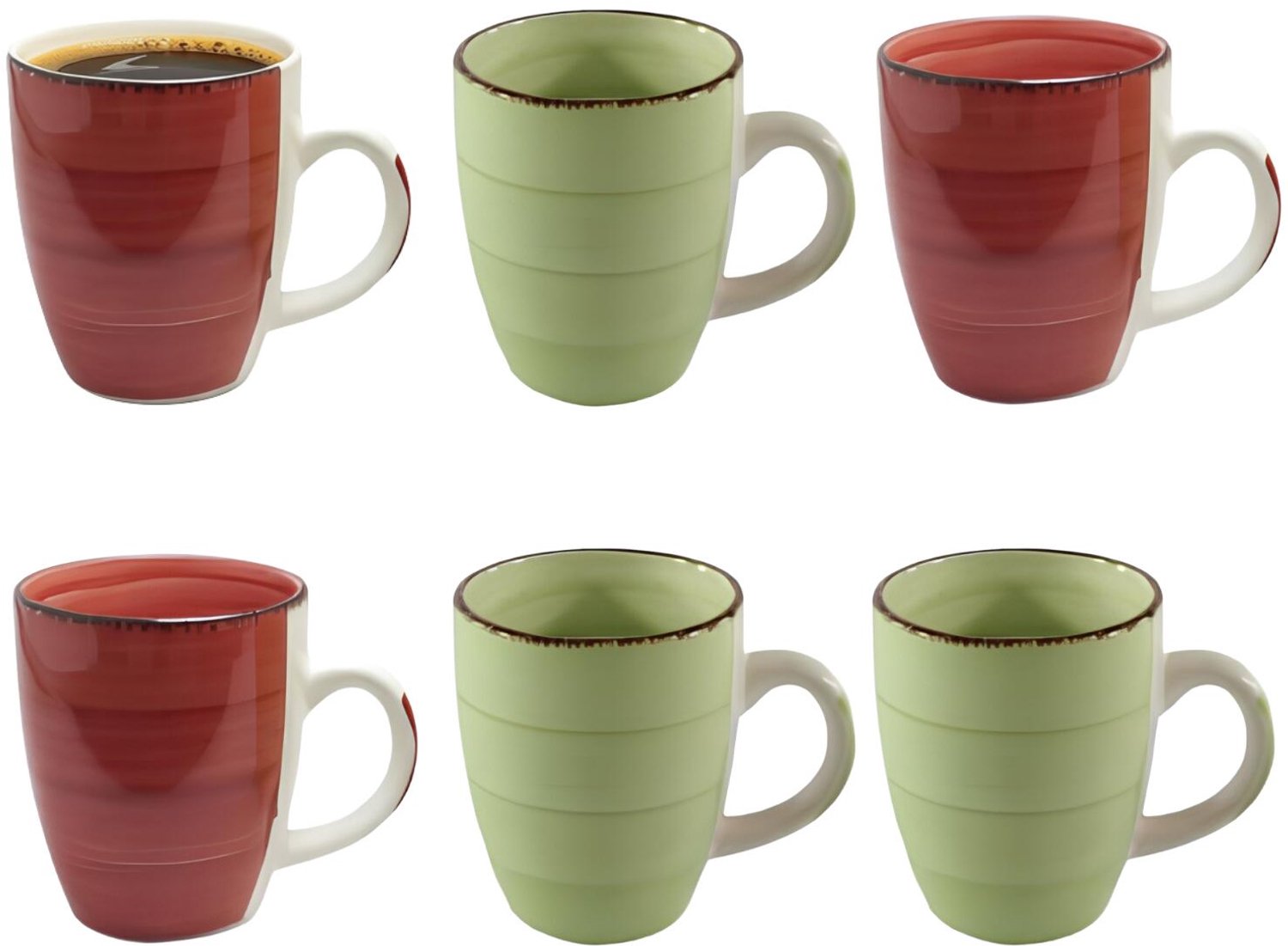 Bellatio Design Koffiemok Colourful Morning - set van 6 - rood / groen - keramiek - 340 ml - theemokken