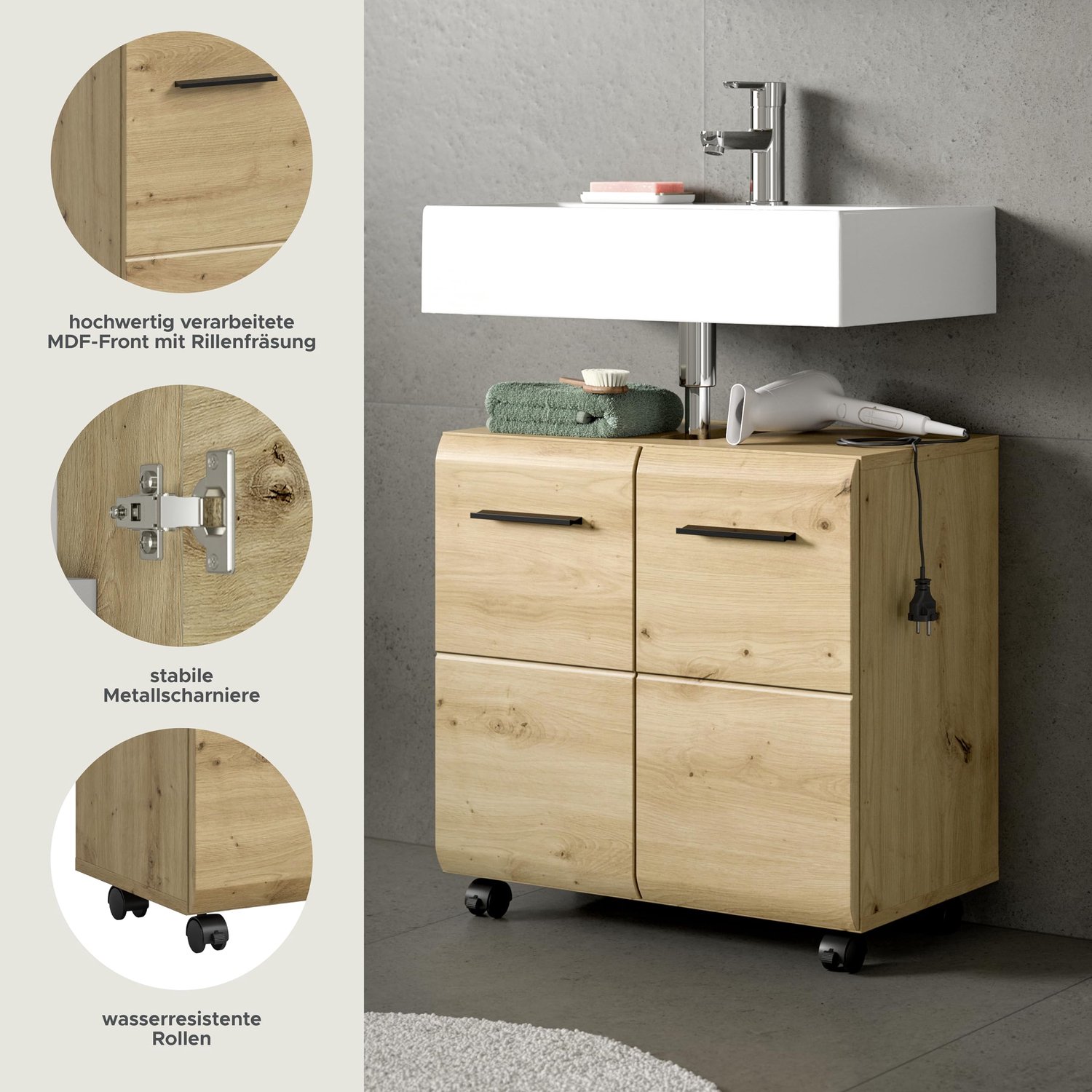 xonox.home – Wastafelonderkast op wieltjes Ice 60 x 56 x 35 cm in Artisan eiken – functionele badkamerkast met 2 - ShopVlot