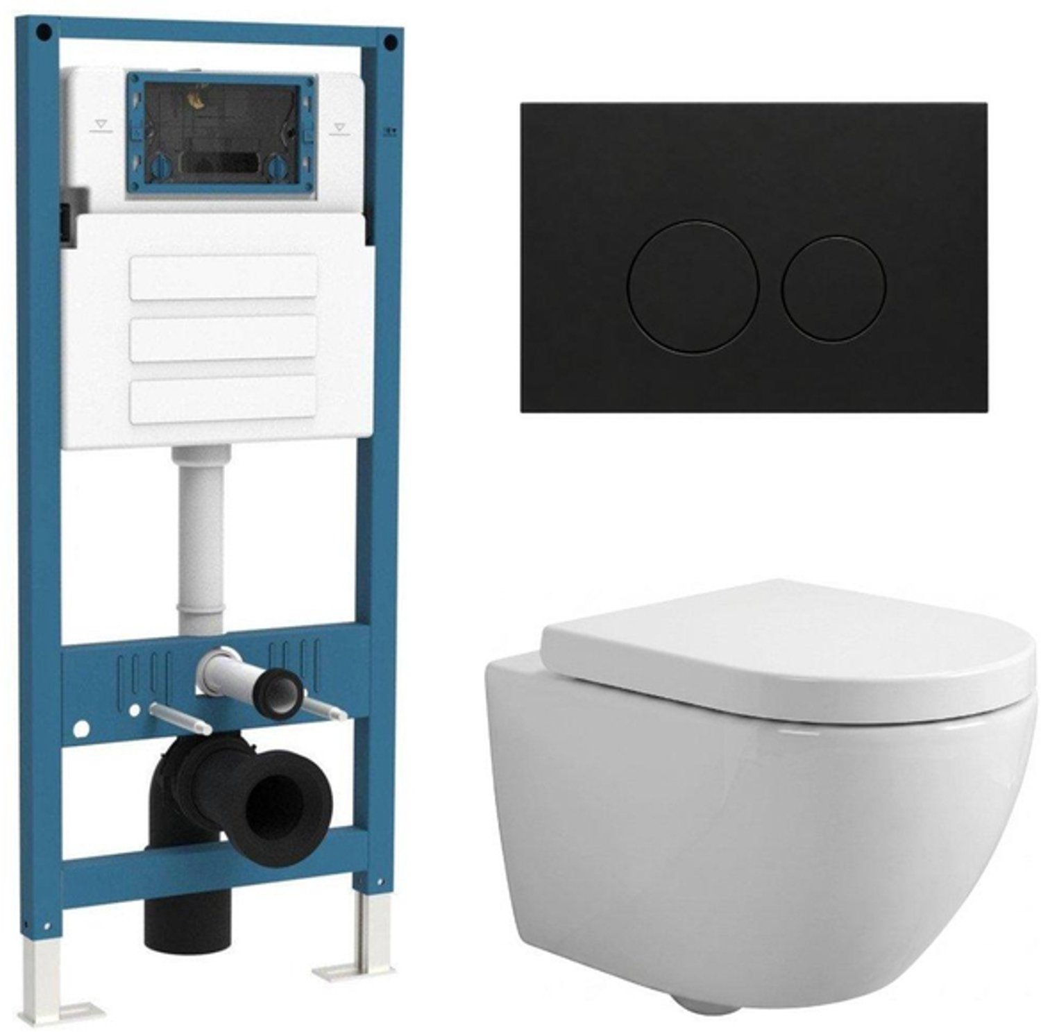 QeramiQ Dely Swirl Compact Toiletset - inbouwreservoir QeramiQ flush - 25mm zitting - metalen bedieningsplaat mat zwart - ronde knoppen - glans wit