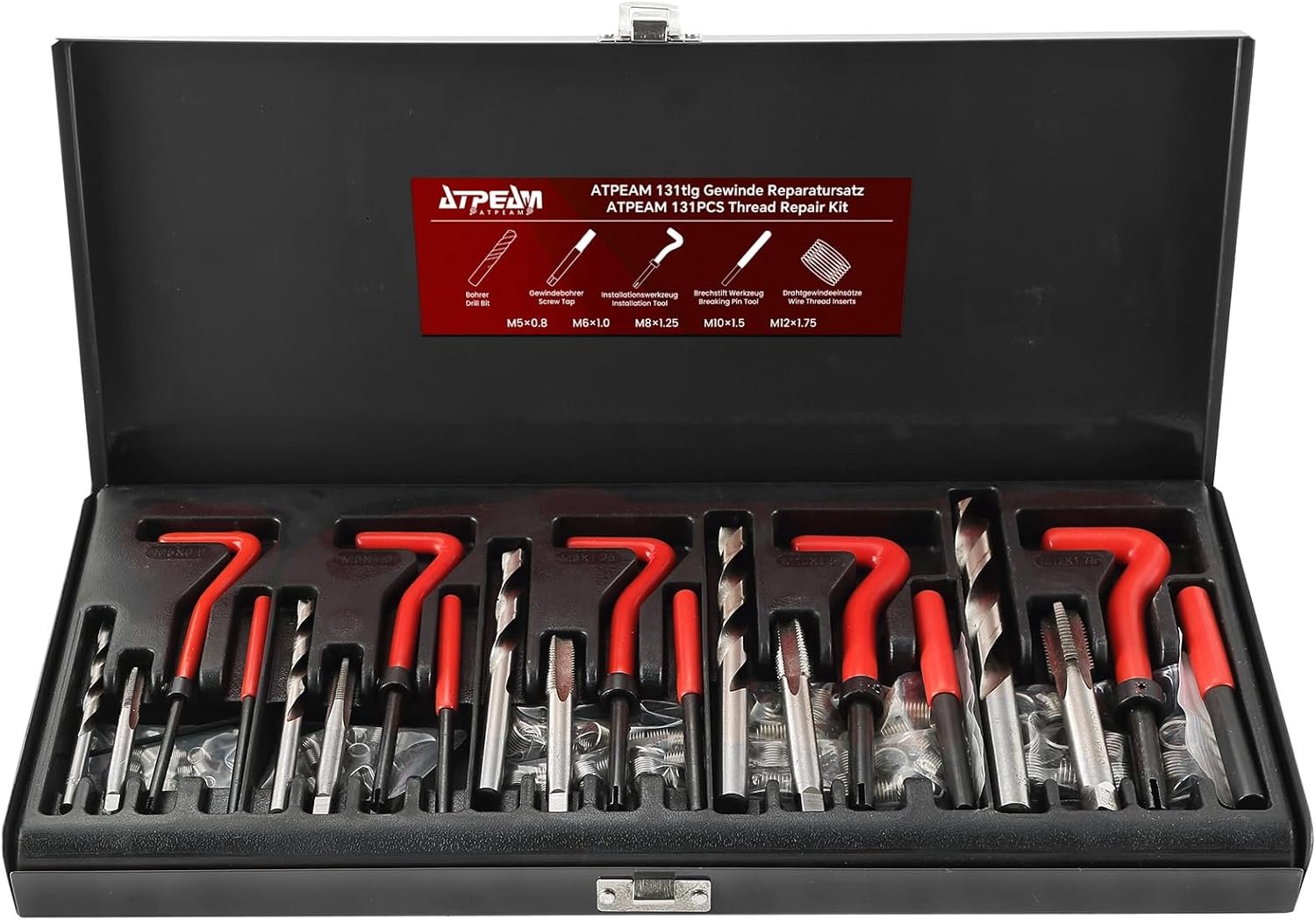 ATPEAM 131-Piece Thread Repair Kit, Thread Repair Kit with M5, M6, M8, M10, M12, Helicoil Set with Inserts, Sleeves - ShopVlot