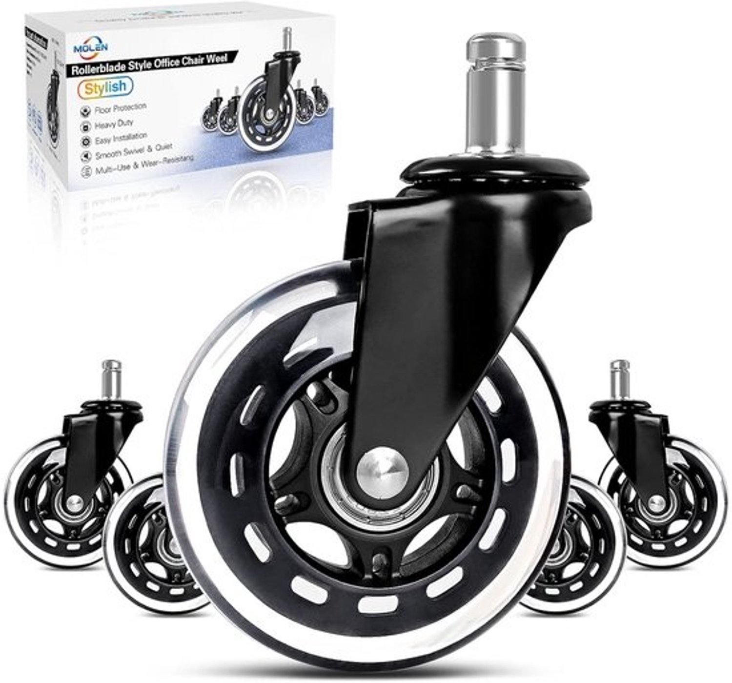 Set van 5 zware bureaustoelwielen (75mm) - Stille rubberen rollers - Universele vervanging voor alle vloeren