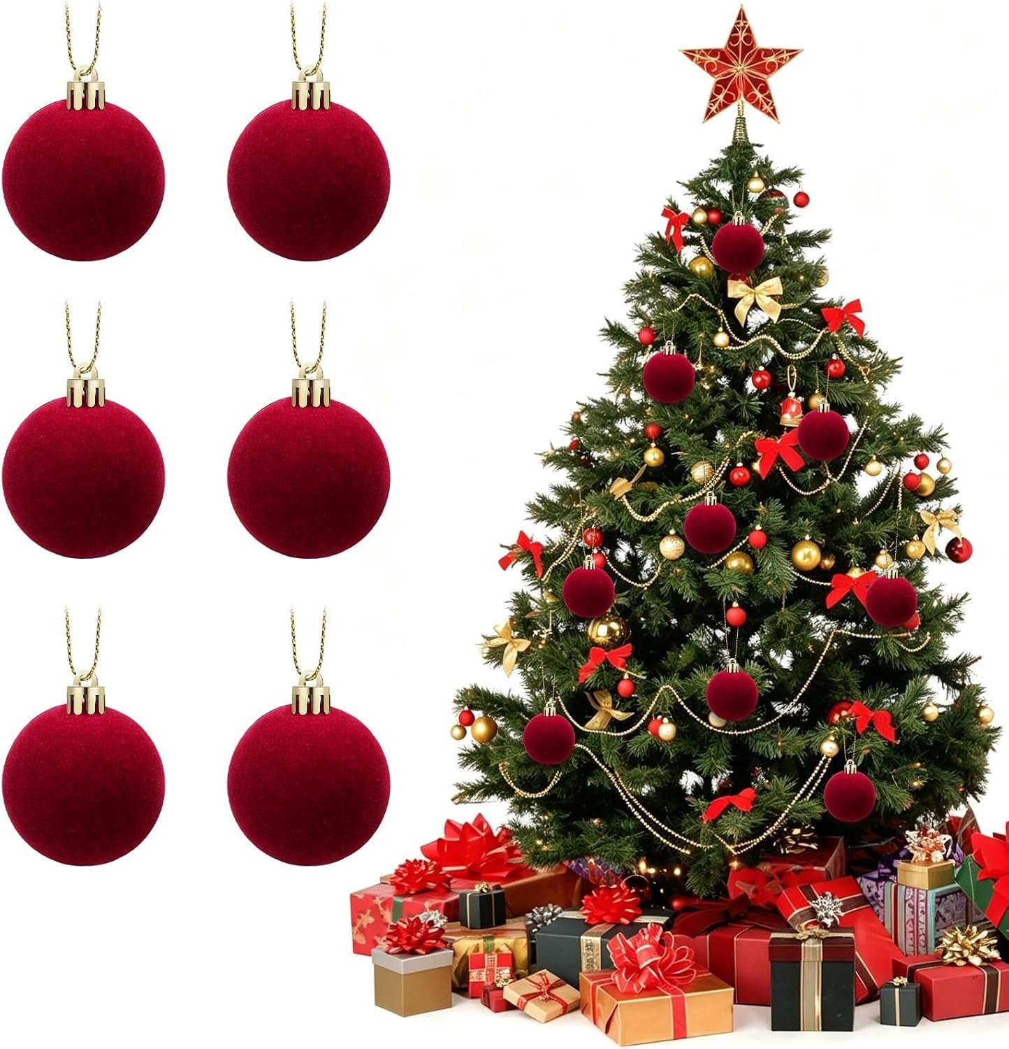 Kerstballen, 6-delige set, kerstdecoratie, fluweel, kerstballen, rood, kunststof, 4 cm, kerstballen, kunststof set, rood, voor kerstdecoratie, winter, vakantiedecoratie