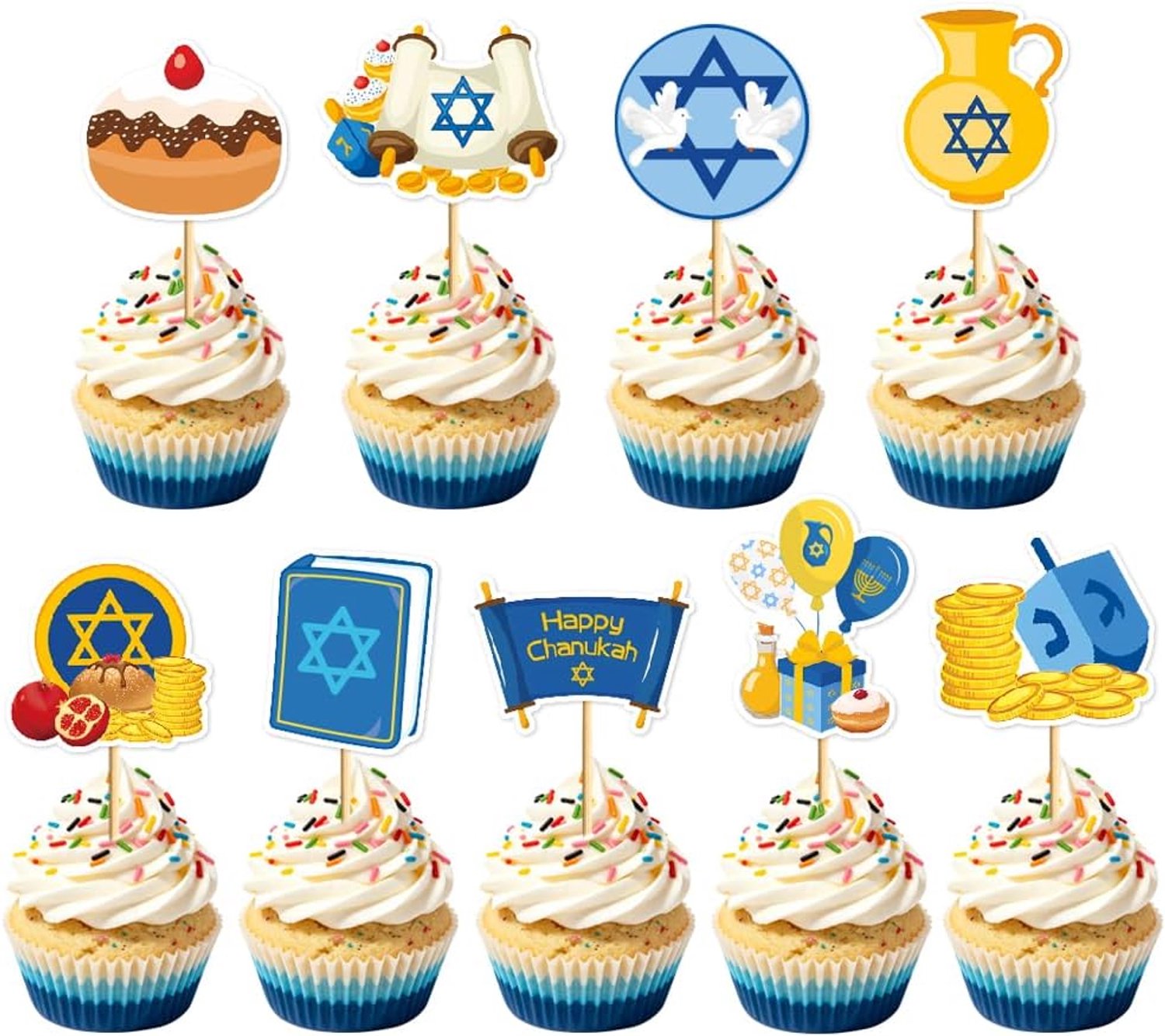 18 Stks Chanoeka Cupcake Toppers, Blauw Goud Chanoeka Festival van Lichten Joods Nieuwjaar Cake Decoratie voor Chanoeka Feestbenodigdheden