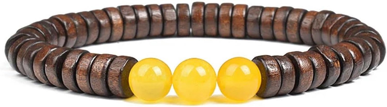 Cilindrische Houten Kralen Met Natuursteen Armband Voor Mannen Vrouwen Elastische Touw Gele Steen En Houten Bangle, 19cm-7.5inch, Steen Emaille Glas, Zirkonia Agaat obsidiaan