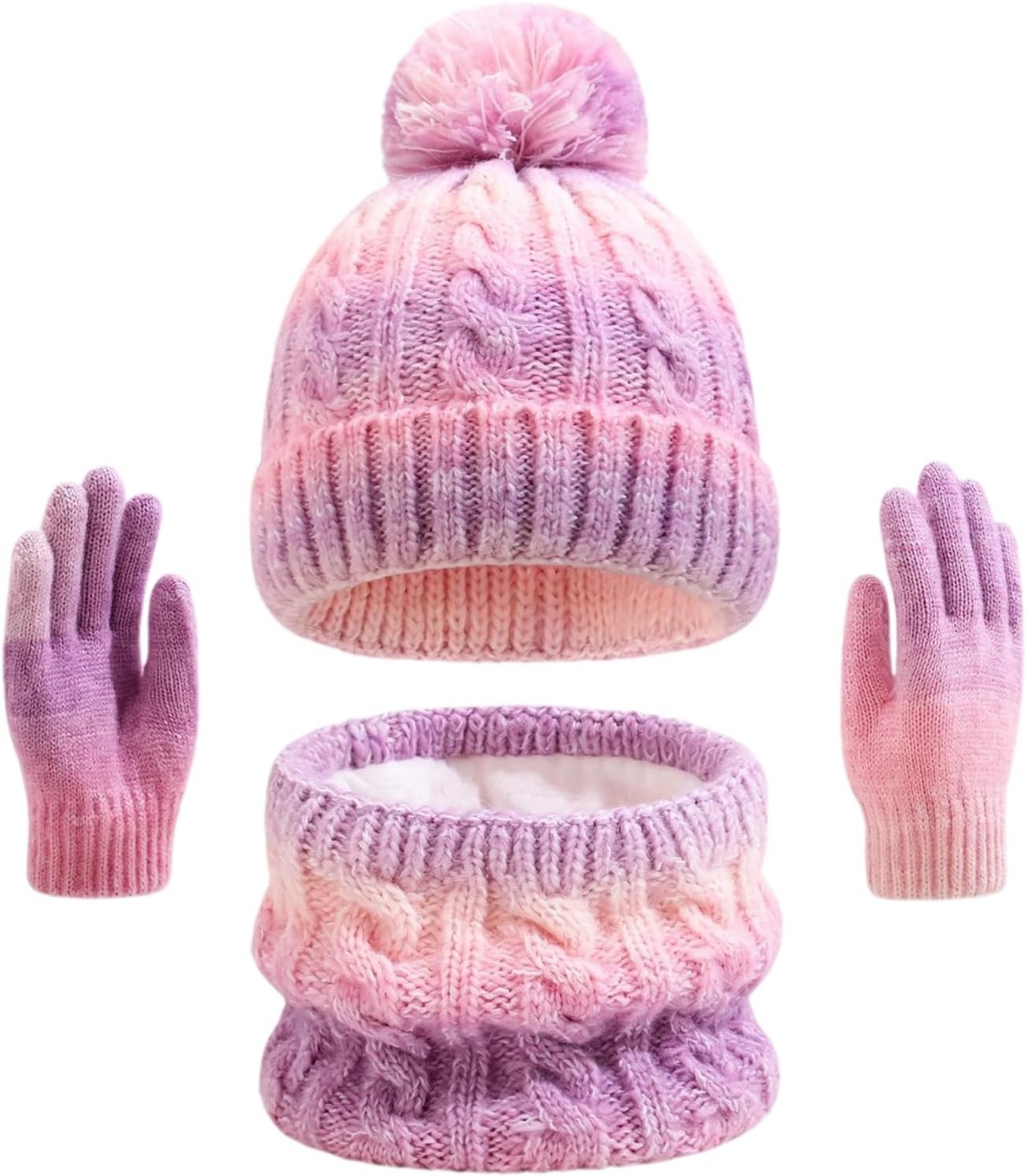 Baynetin Gebreide set, muts, sjaal, handschoenen, 3-in-1, thermische bommuts, warm, dik, fleece, sjaal, handschoenen voor kinderen, meisjes, 2-8 jaar, outdoorsport, geschenken