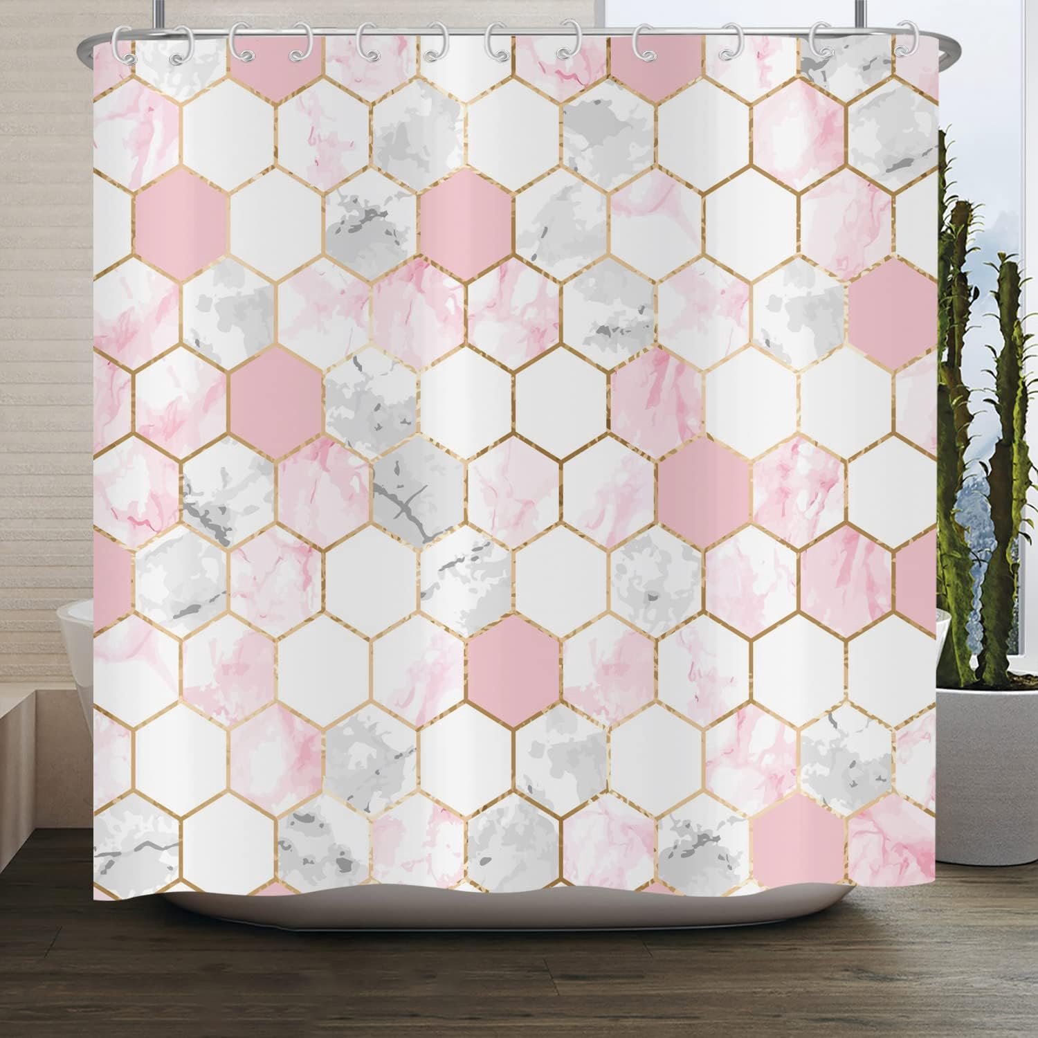 Douchegordijn 180 x 200 cm - marmerlook - luxe roze/goud/grijs - waterdicht en wasbaar - ShopVlot