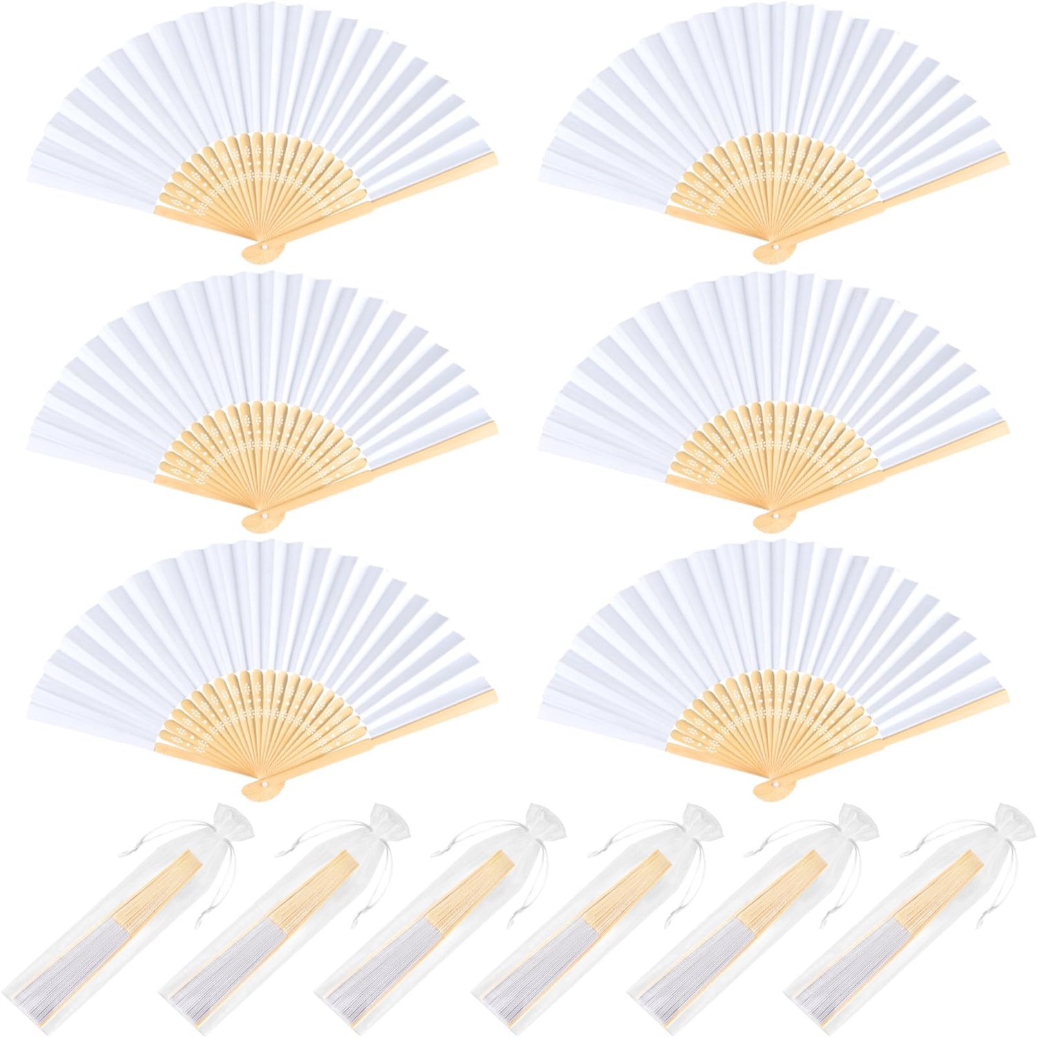 NEBURORA 6 Stks Witte Handheld Papier Fans 8.3 Inch Hand Held Bamboe Fans Opvouwbaar voor Bruiloft Decoratie Outdoor Party Gunsten DIY Decoratie Danse