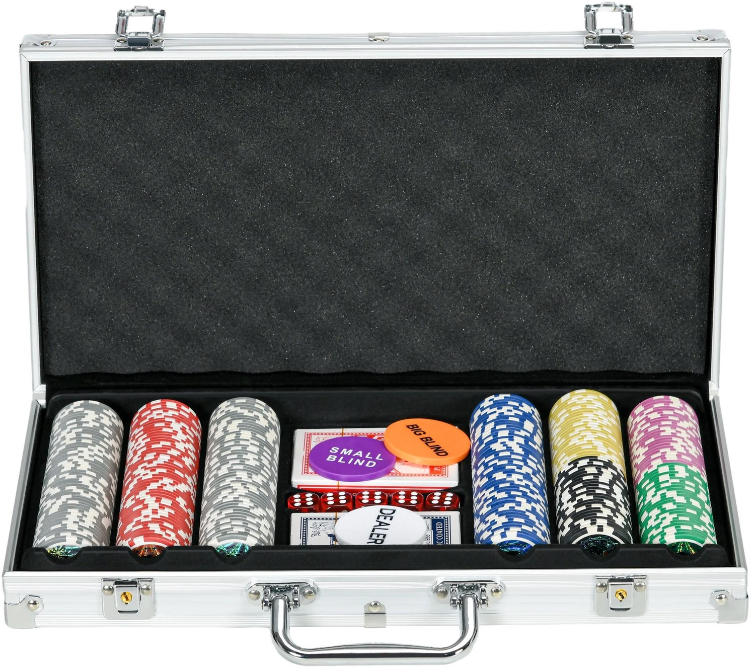 Tremeo Pokerset - Pokerkoffer - Compleet speelset - 2 kaartspellen - 5 dobbelstenen - 300 speelmunten - Fiches - Aluminium koffer