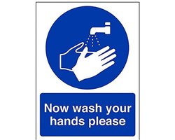 VSafety 43008AN-R Verplicht Algemeen Teken, Stijf Kunststof, "Nu uw handen wassen alstublieft", Portret, 150 mm x 200 mm, Blauw