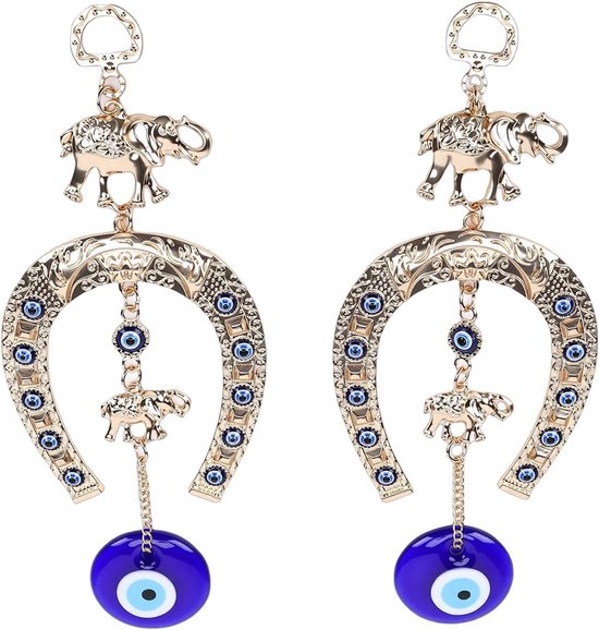 2 Stuks Blauw Oog Charme Hangend Ornament met Olifant Hoefijzerontwerp, Perfect voor Thuis Muur Raam Tuin Kantoor Decor, Blauwe Boze Oog Muur Hangende Hanger & Gouden Hoefijzer — afbeelding 4