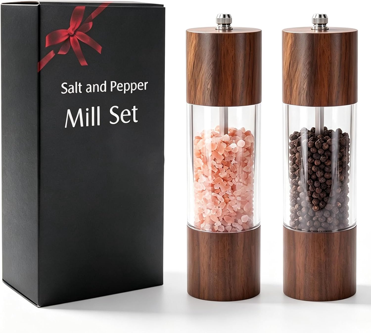 Houten zout- en pepermolen set, handmatige pepermolen en zoutmolen met verstelbaar keramisch en acrylvenster, keuken koken kruidenshakers 2 stuks, 8 inch