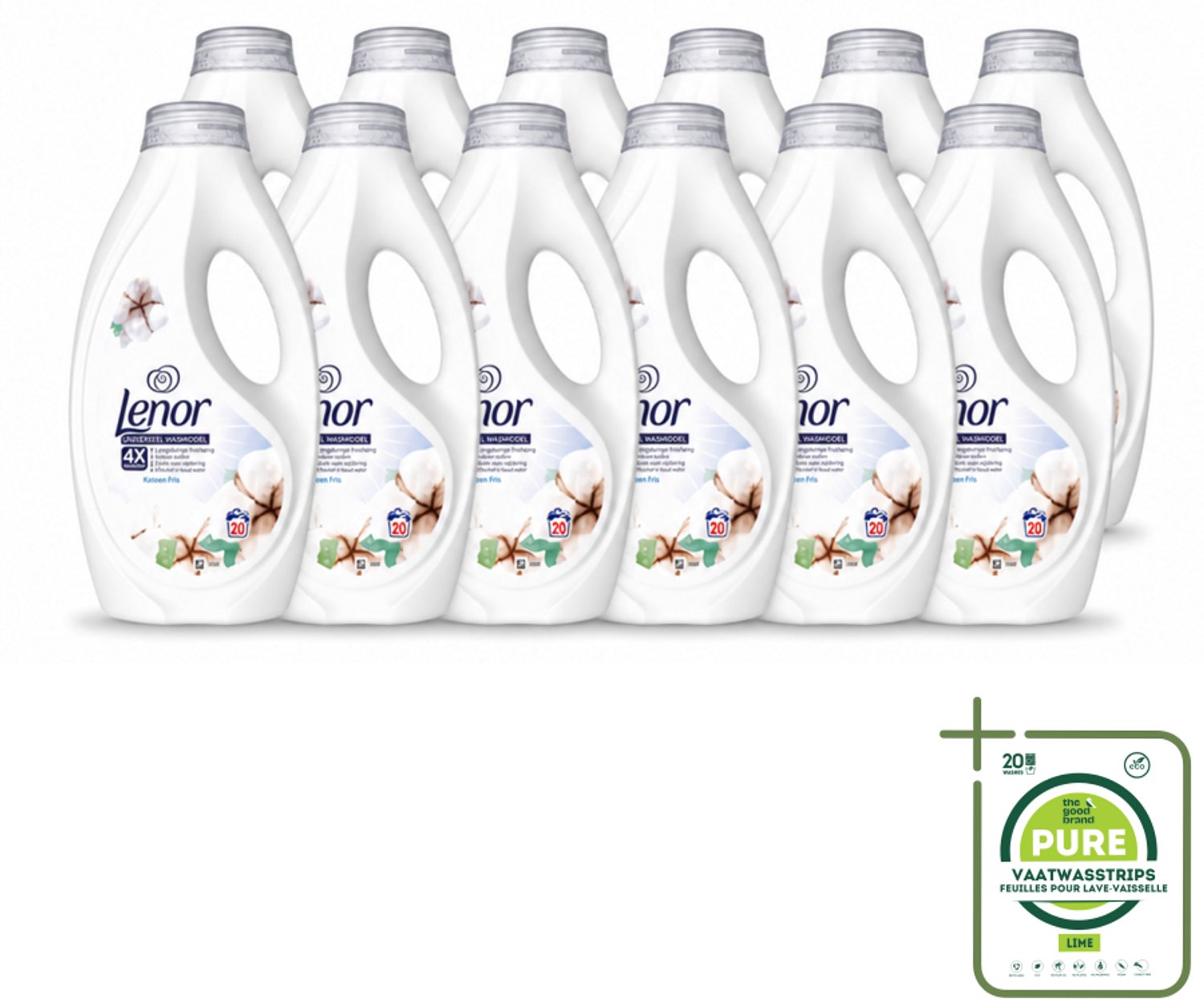 12 x Lenor – Wasmiddel – Katoen Fris – 20 Wasbeurten - 900 ml - Grootverpakking - Vaatwasstrips - Wasmiddel Katoen - Fris Wasmiddel - Wasmiddel Voor Katoen - Wasmiddel Met Geur - Wasmiddel Voor Kleding