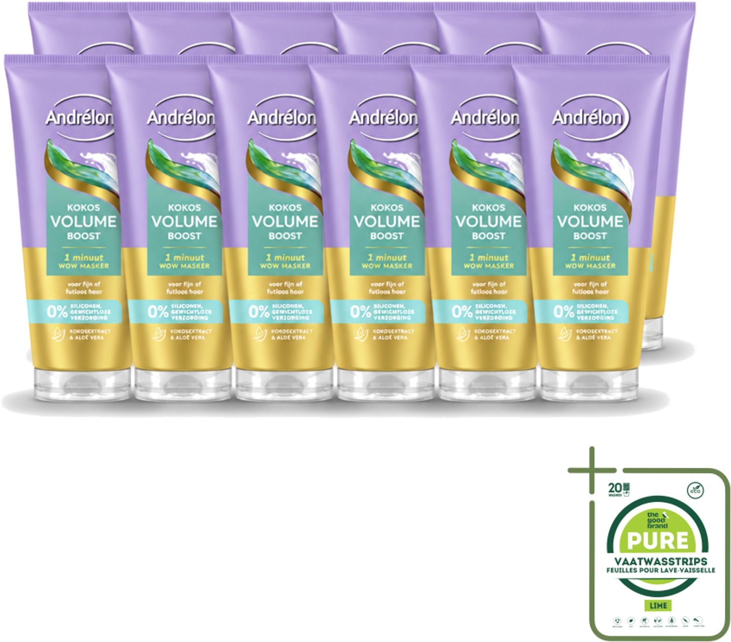 12 x Andrélon – Haarmasker WOW – Kokos Volume Boost – 180 ml - Grootverpakking - Vaatwasstrips - Volume Boost Haar - Fijn Haar Verzorging - Luchtig Haar - Haarmasker 1 Minuut - Kokos Volume