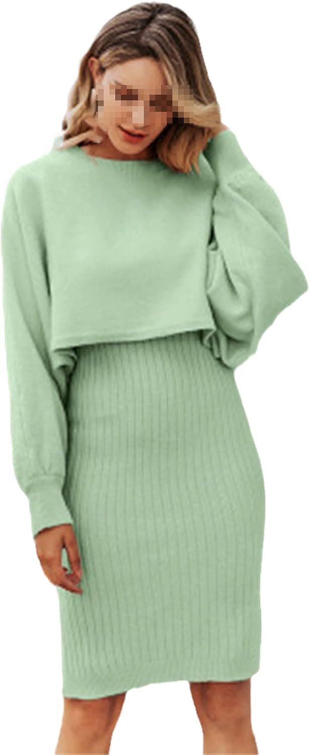 Herfst Winter Gebreide Tweedelige Set Vrouwen Lange Mouwen Truien Tweedelige Jurk Gebreide Pak Koreaanse Outfit, Groen, onesize