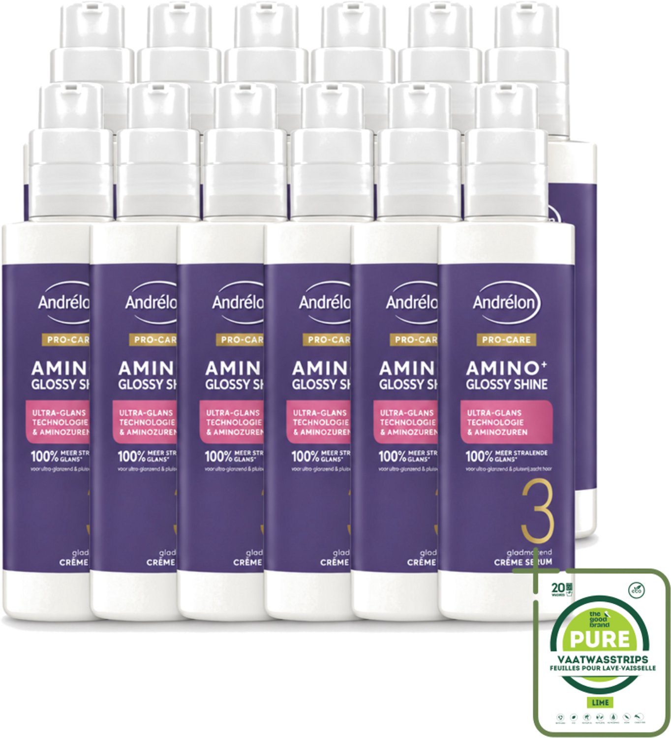 12 x Andrélon – Crème Serum – Pro Care Amino+ Glossy Shine – 200 ml - Grootverpakking - Glans Haar - Glad Haar - Stralend Haar - Aminozuren Haar - Haar Verzorging