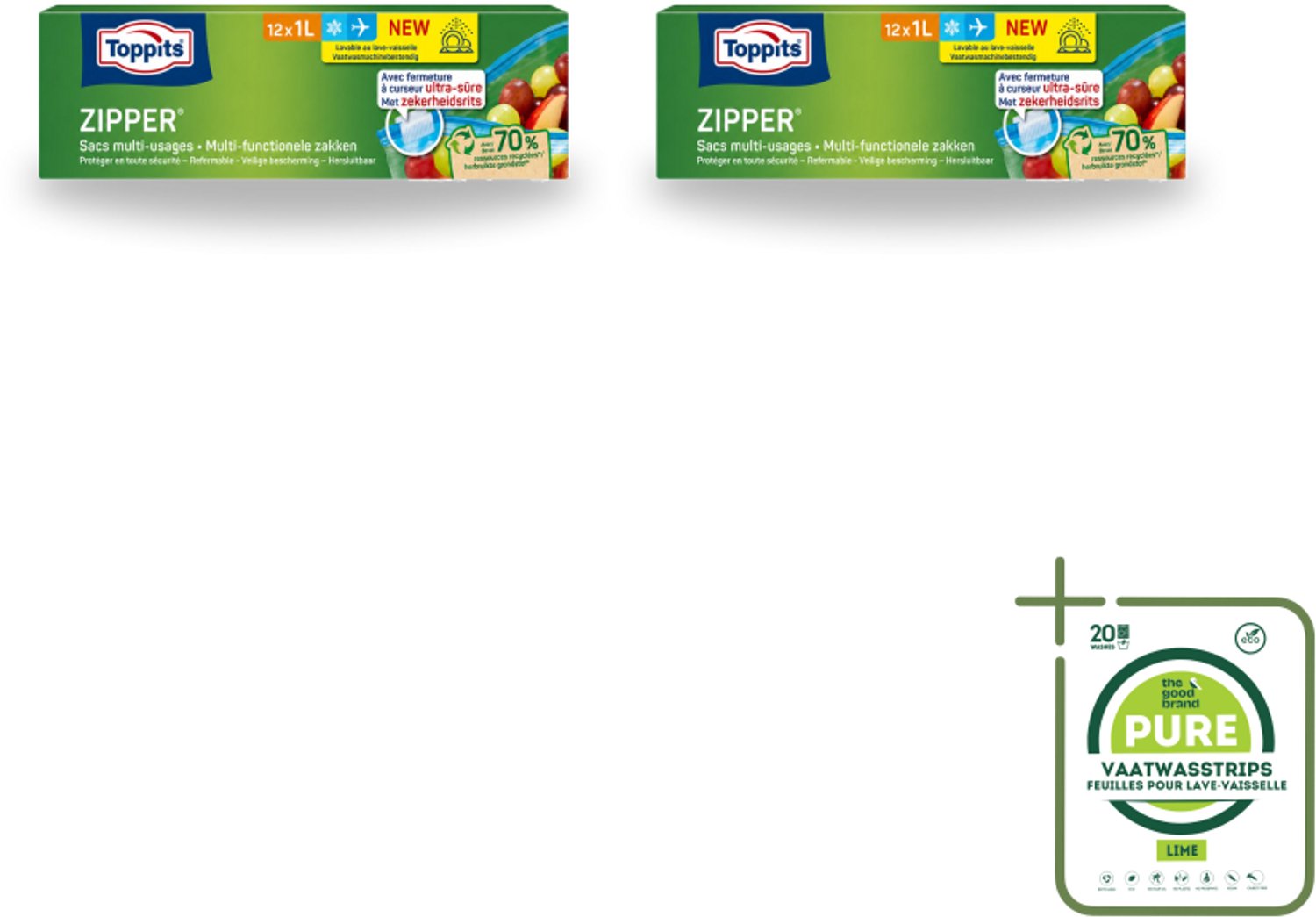 2 x Toppits – Zipper Multifunctionele Zakken – 1 Liter – 12 Zakjes - Grootverpakking - Vaatwasstrips - Zipper Zakken - Lekken - Voedsel Bewaren - Restjes Opbergen - Snacks