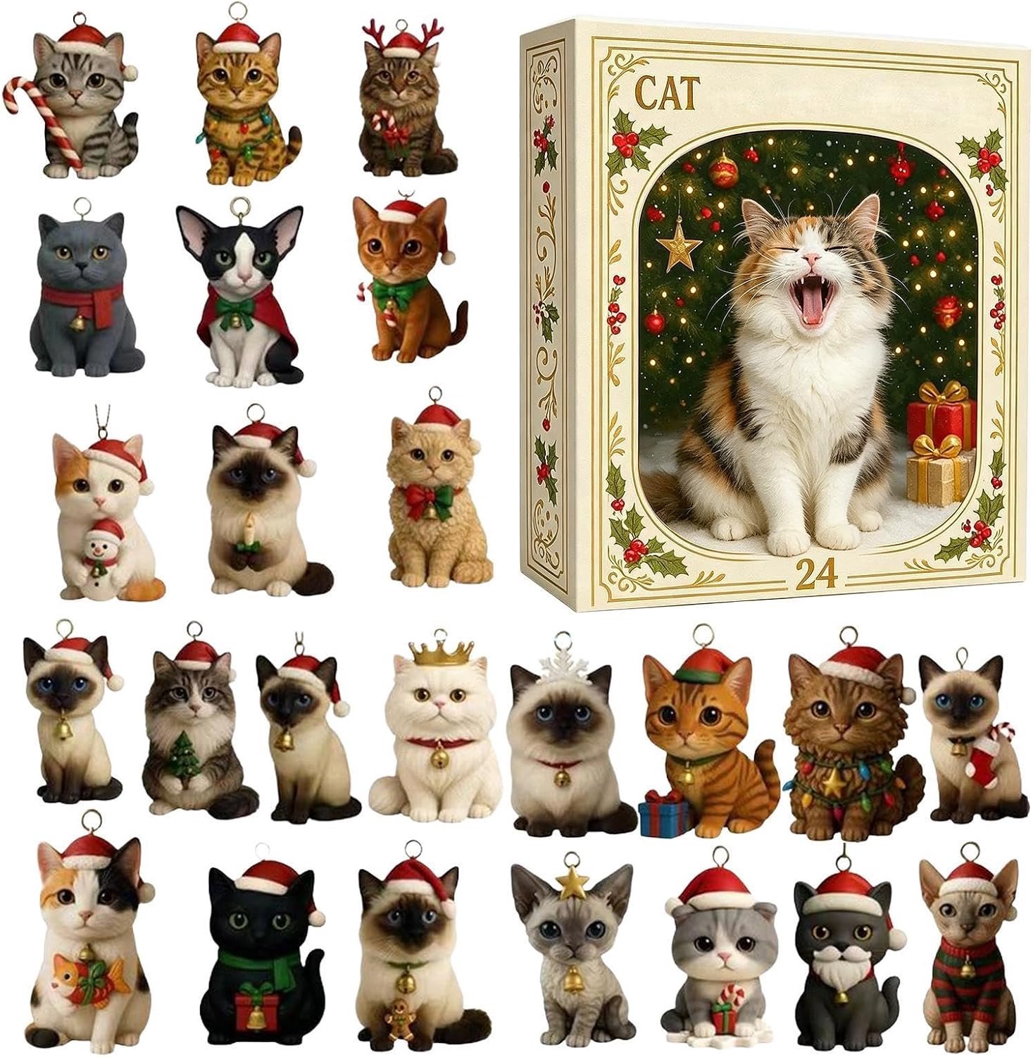 Aftelkalender voor dieren, 2D acryl 24, dagen kerstkat, ornamenten