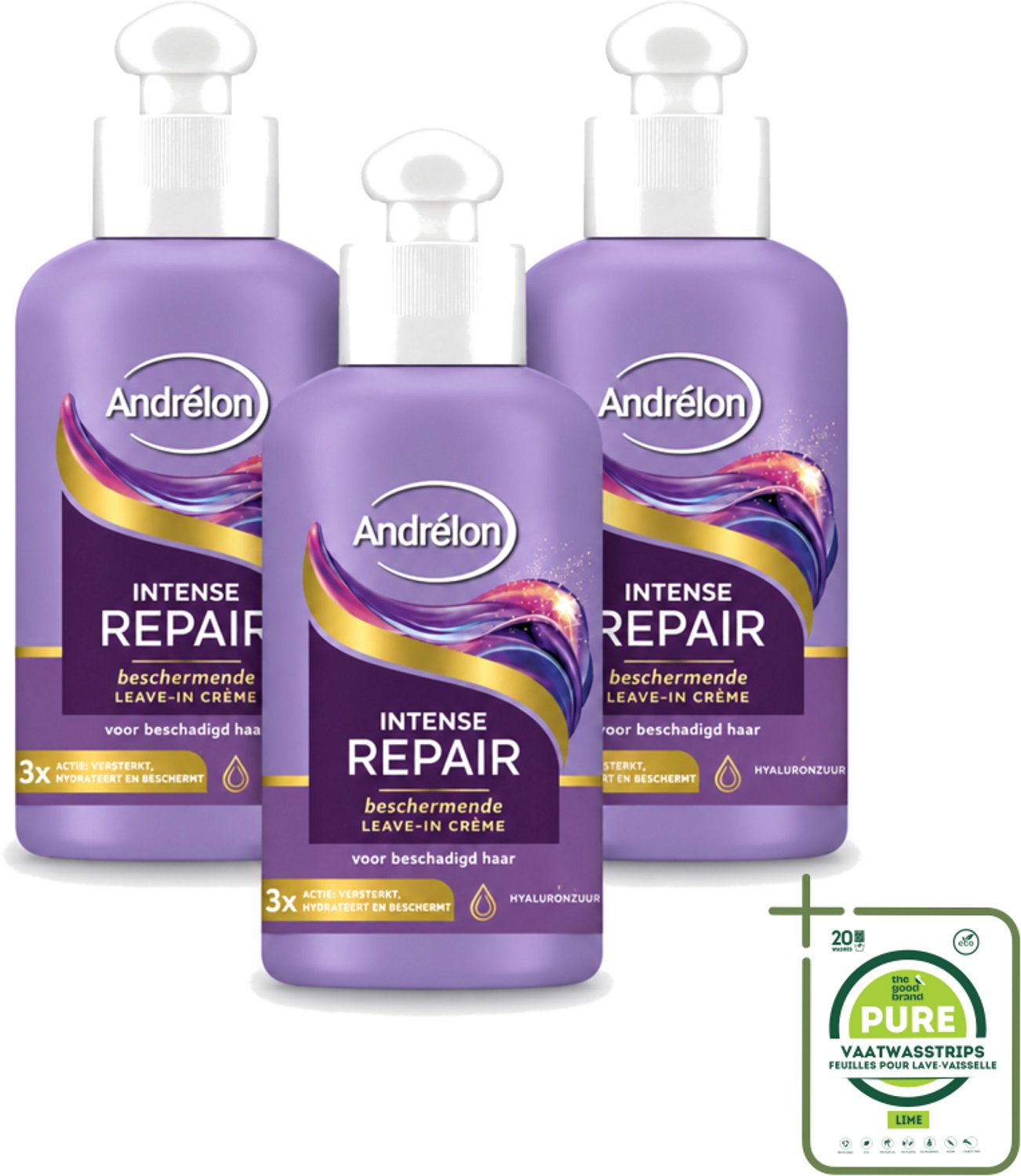 3 x Andrélon – Leave-In Crème – Intense Repair – 200 ml - Grootverpakking - Vaatwasstrips - Haarverzorging - Droog Haar - Beschadigd Haar - Hyaluronzuur - Leave-in Crème