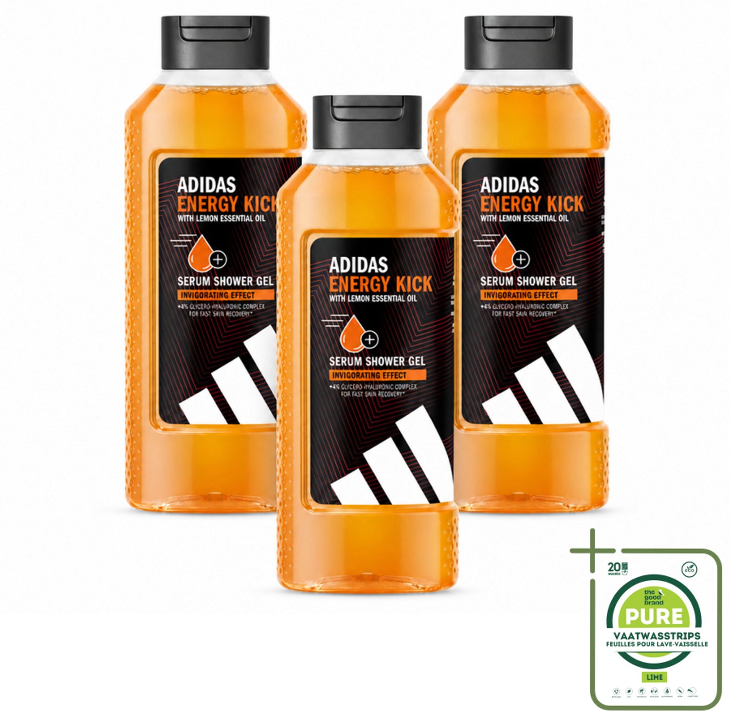 3 x Adidas – Douchegel – Active Skin & Mind Energy Kick – 400 ml - Grootverpakking - Vaatwasstrips - Douchegel - Energie - Frisheid - Huidverzorging - Citroenolie