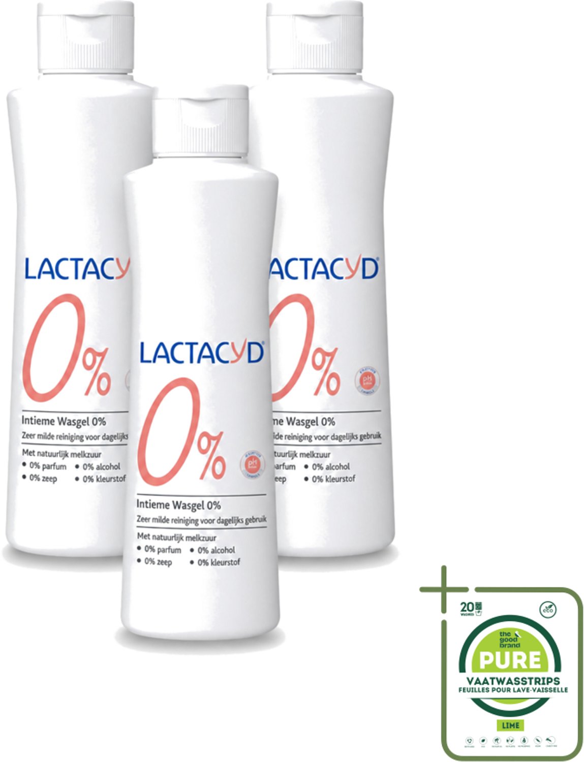 3 x Lactacyd – 0% – Milde Wasgel – 250 ml - Grootverpakking - Vaatwasstrips - Intieme Wasgel - Gevoelige Huid - PH-vriendelijk - Zeepvrij - Milde Wasgel