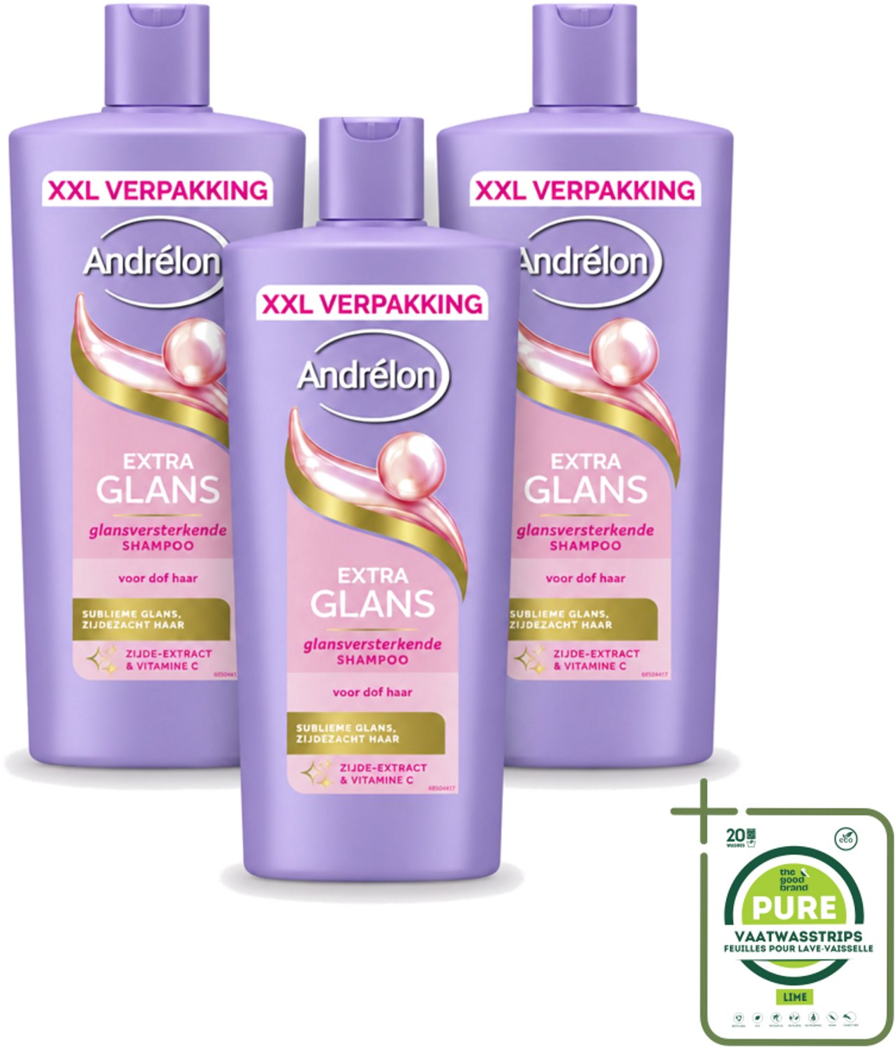 3 x Andrélon – Shampoo – Extra Glans – 685 ml - Grootverpakking - Vaatwasstrips - Glans Haar - Zijde Extract - Vitamine C - Stralende Haar - Gezonde Glans