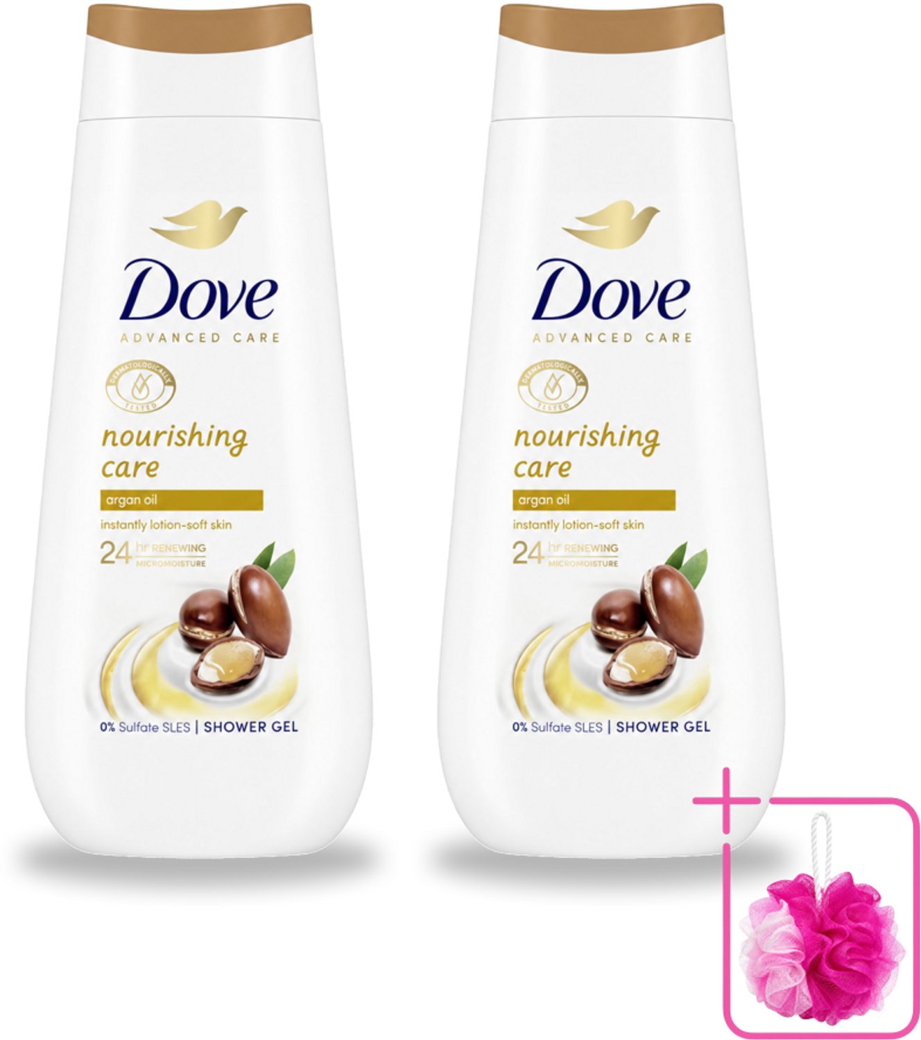 2 x Dove Douchecrème - Nourishing Care - Arganolie - 225 ml - Bulkverpakking - Douchegel - Douchemop - Voedende huid