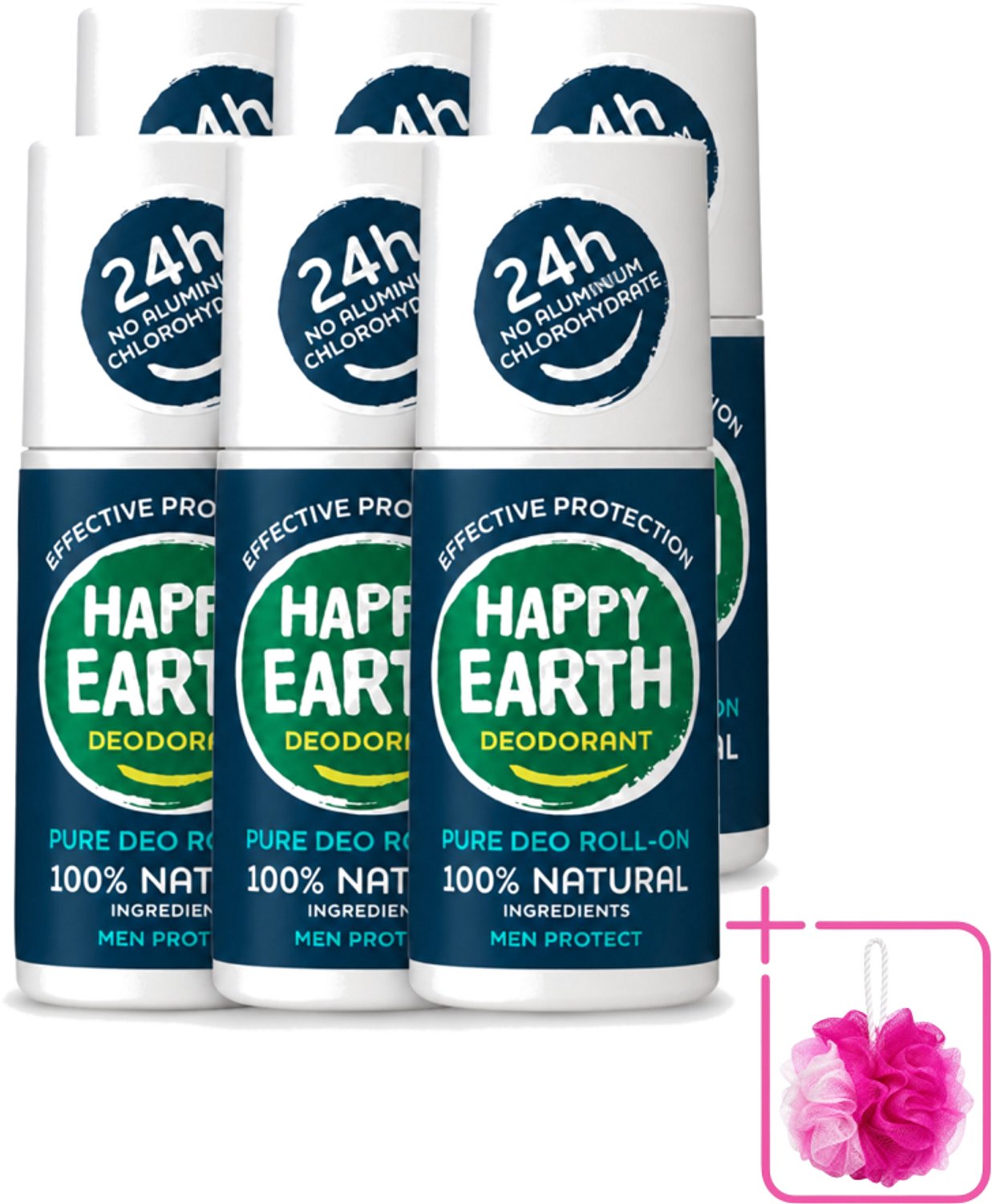 6 x Happy Earth – Deodorant Roll-On – 100% Natuurlijk Men Protect – 75 ml - Bulkverpakking - Natuurlijke deodorant voor mannen - Frisse geur