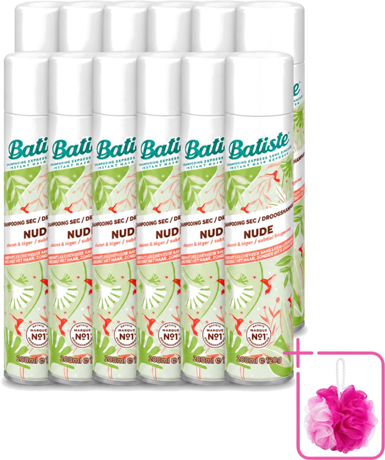 12 x Batiste - Nude - Droogshampoo - Frisse Look - Volume en Textuur - 200ml - Bulkverpakking - Droogshampoo - Douchemop - Fris haar