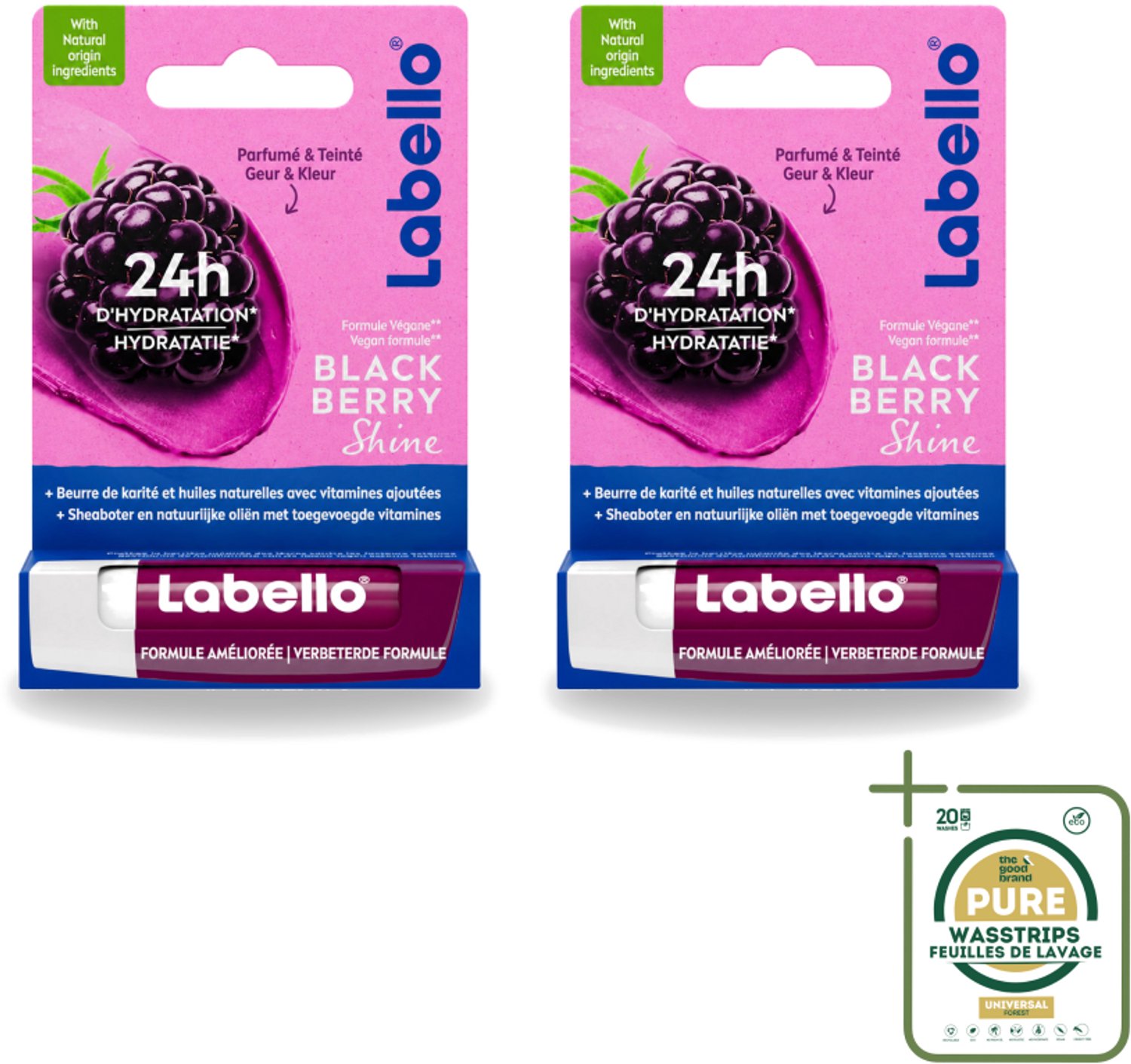 2 x Labello – Lippenbalsem – Blackberry Shine – Lippenbalsem – Shea Boter & Jojoba Olie – 5,5 ml - Wasstrips - Lippenbalsem - Hydratatie - Zachte Lippen - Glans - Braam