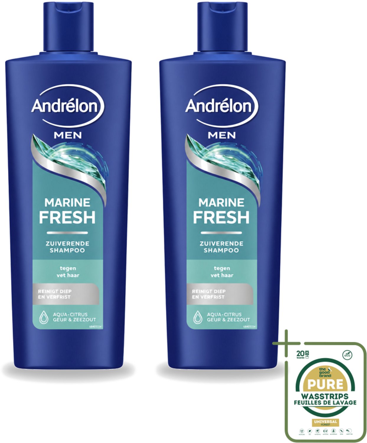 2 x Andrélon – Shampoo – Marine Fresh Men – 400 ml - Wasstrips - Manen Haar Reinigen - Vet Haar Reinigen - Stylingresten Verwijderen - Krachtig Shampoo - Zeezout Shampoo