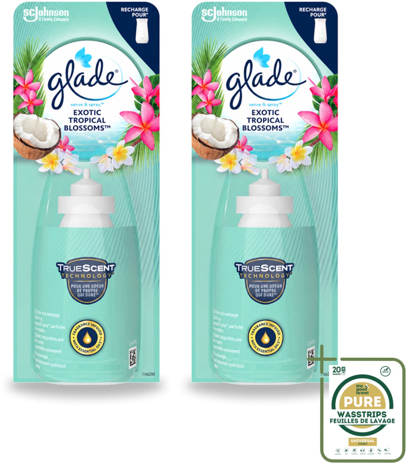 2 x Glade – Sense & Spray Navulling – Exotic Tropical Blossoms – 18 ml - Wasstrips - Tropische Geur - Luchtverfrisser Met Bewegingssensor - Kokos En Bloemen - Exotische Geur - Luchtverfrisser