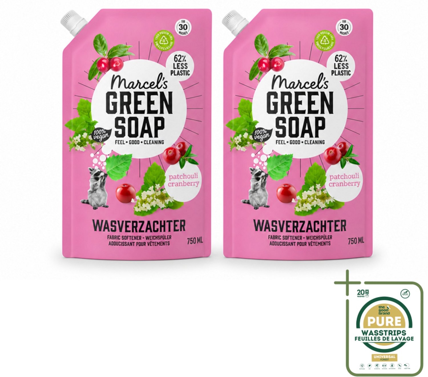 2 x Marcel’s Green Soap – Wasverzachter – Patchouli & Cranberry - Navulling – 750 ml - Wasstrips - Wasverzachter - Wasverzachter Navulling - Wasverzachter Patchouli - Wasverzachter Cranberry - Wasverzachter Voor Kleding
