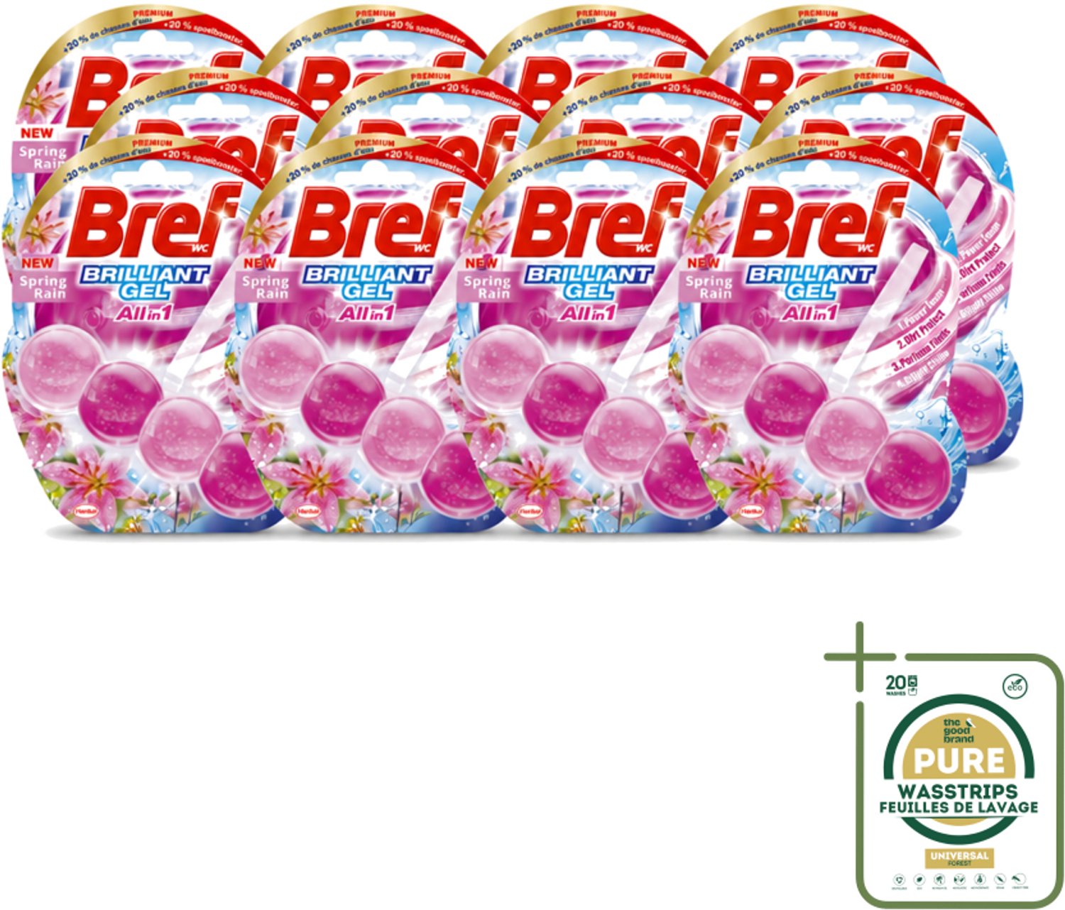 12 x Bref - Toiletblok - Brilliant Gel - Spring Rain - 42g - Wasstrips - Toiletblok - Toilet Reinigen - Toilet Fris - Toilet Glans - Toilet Hygiëne