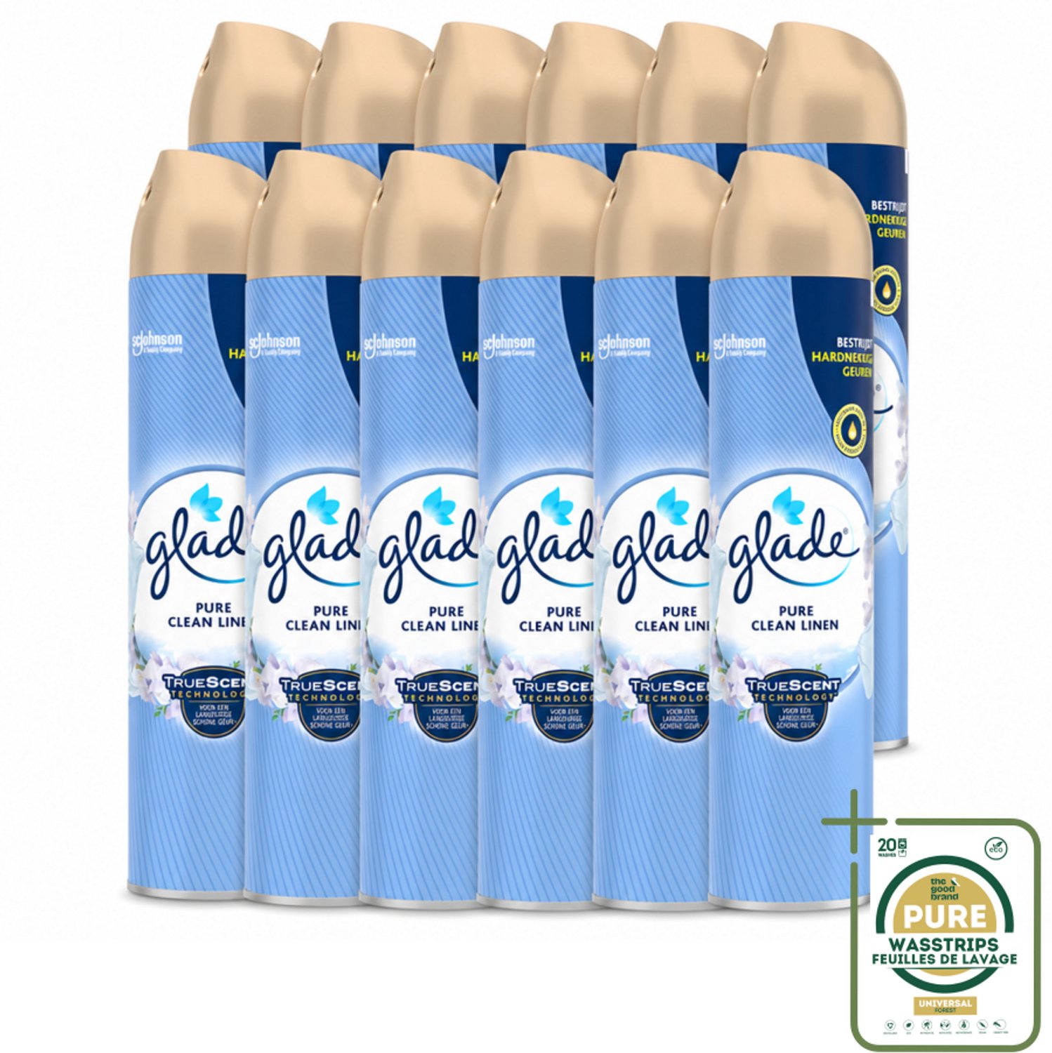 12 x Glade – Luchtverfrisser Spray – Pure Clean Linen – 300 ml - Wasstrips - Luchtverfrisser - Frisse Geur - Luchtverfrisser Spray - Geur Tegen Geurtjes - Luchtverfrisser Linnen