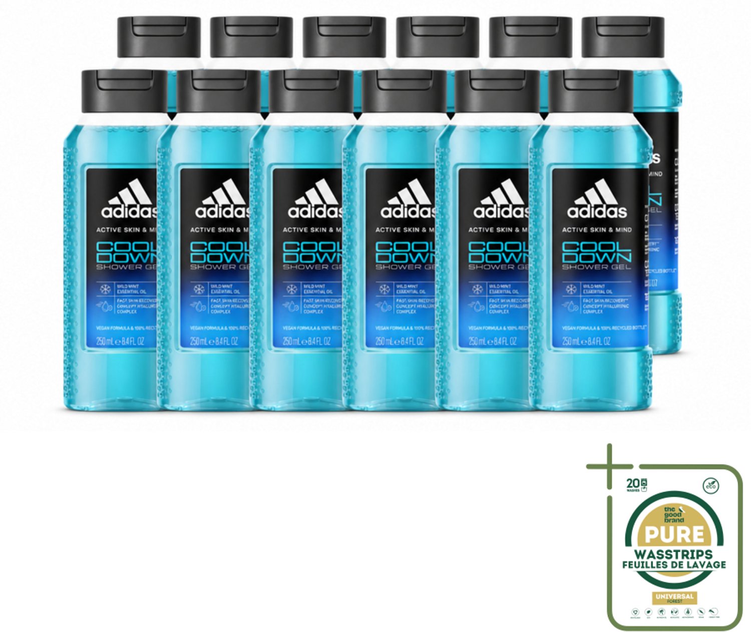 12 x Adidas – Douchegel – Active Skin & Mind Cool Down – 250 ml - Wasstrips - Douchegel - Activiteit Na Training - Verkoeling - Menthol - Wilde Munt