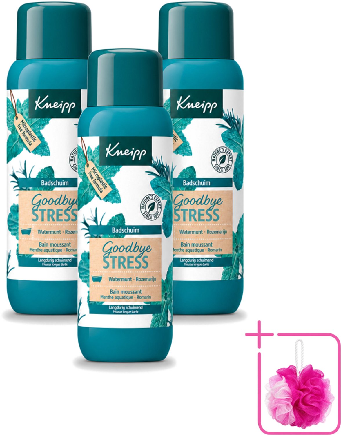3 x Kneipp - Badschuim - Goodbye Stress - Watermunt & Rozemarijn - 400 ml - Bulkverpakking - Stressvermindering - Douchemop - Badschuim