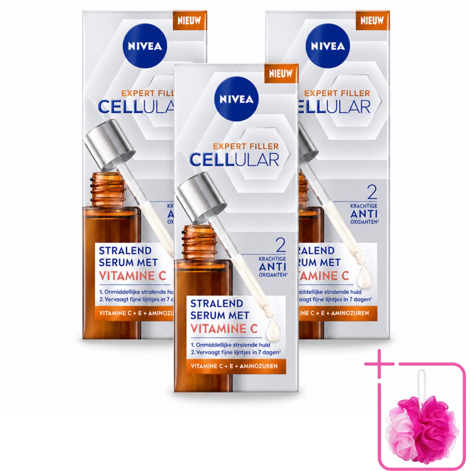 3 x Nivea - Cellular - Expert Filler Vitamine C Serum - Voor Stralende Huid - 30 ml - Bulkverpakking - Huidverzorging - Douchemop - Anti-aging serum