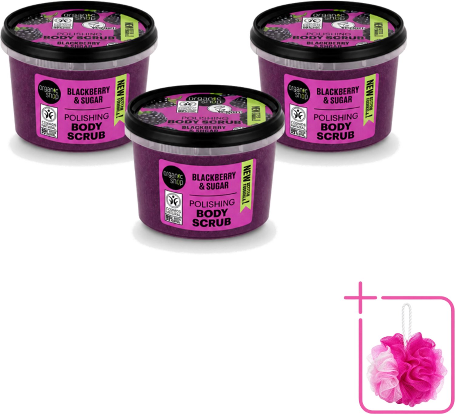 3 x Organic Shop - Body Scrub Blackberry - Verfrissend en Hydraterend - 250 ml - Bulkverpakking - Bodyscrub - Douchemop - Exfoliatie